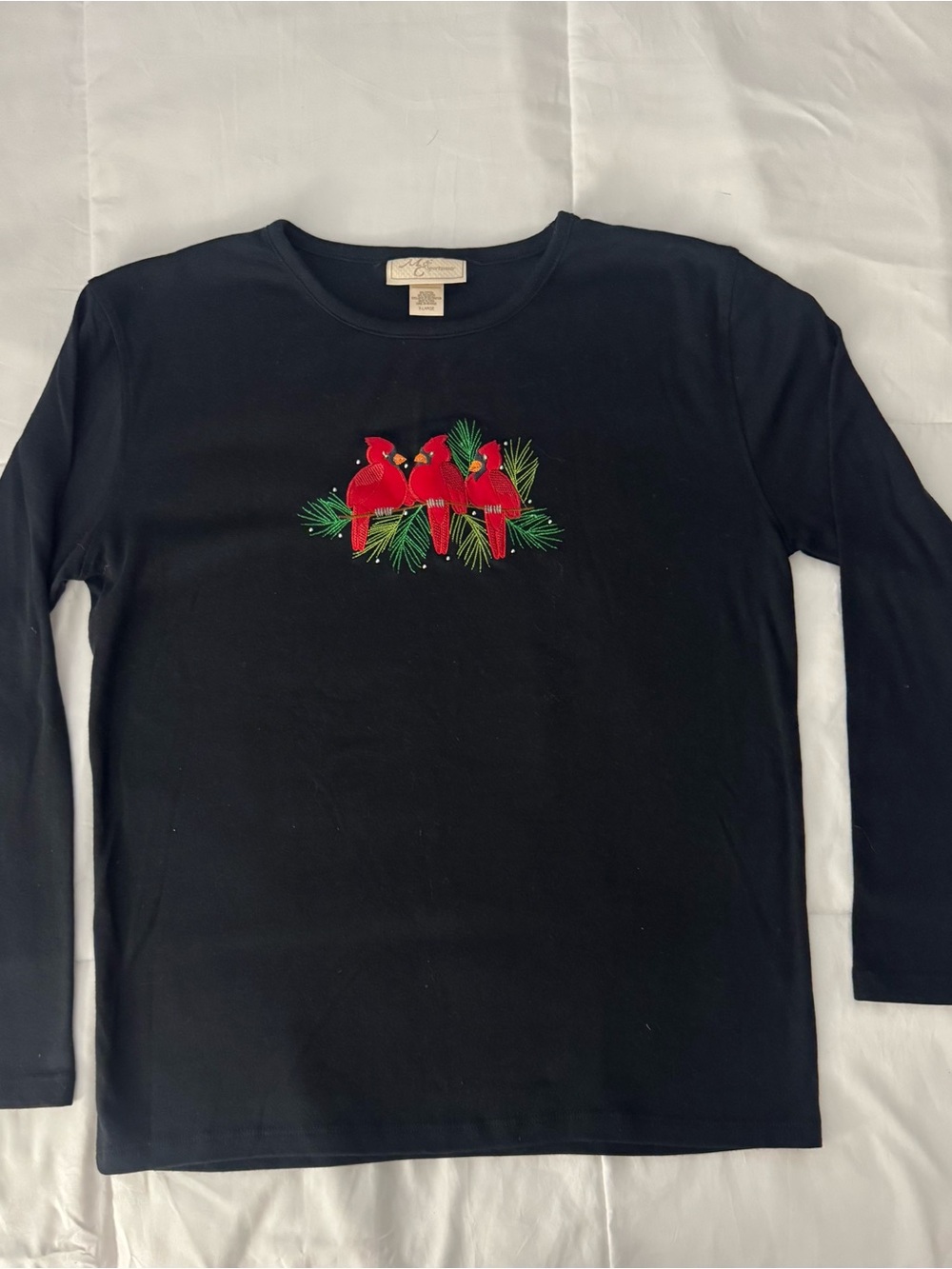 Black Long-Sleeve Tee with Red Cardinal Embroidery